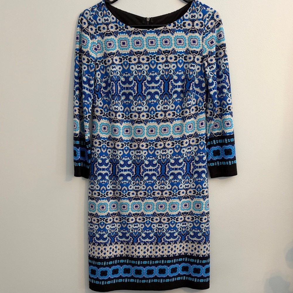 Vince Camuto Blue and Black Patterned 3/4 Sleeve Dress Size 2